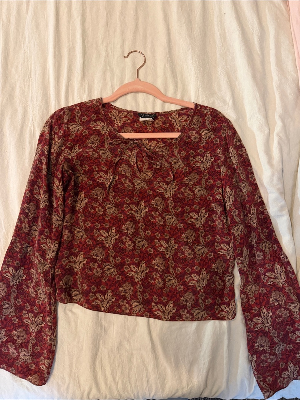 Silk 90s Agnes B. Burgundy Floral Tie-Neck Blouse